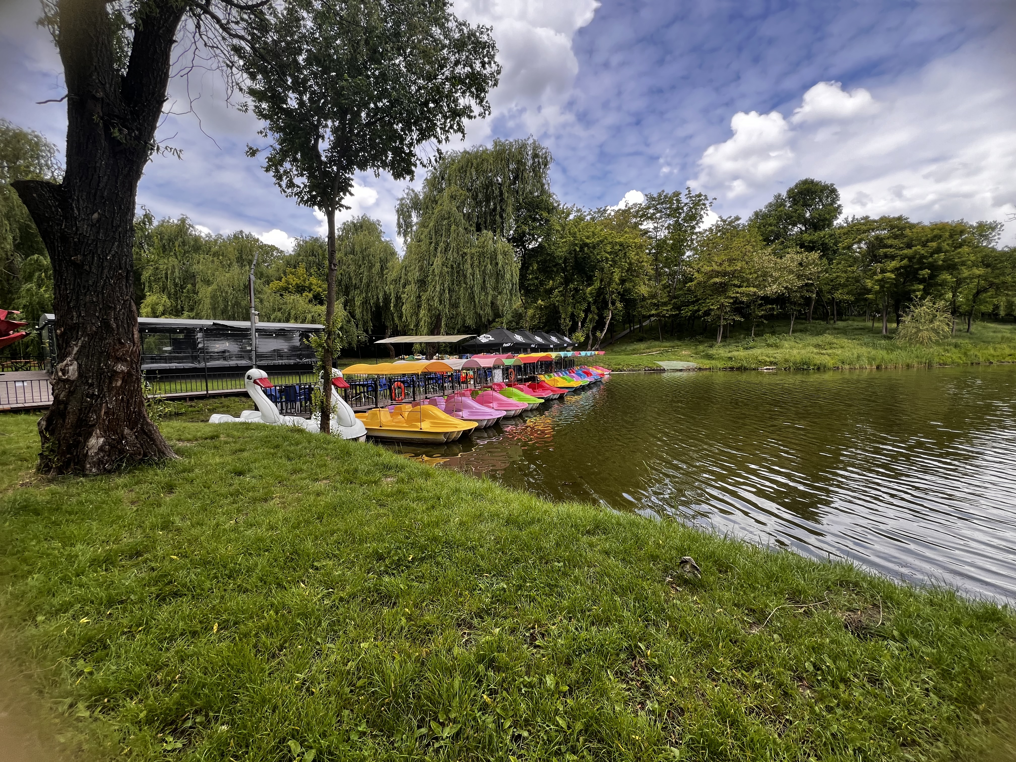 Bărci colorate cu padale pe lac — Parcul Valea Trandafirilor (Rose Valley Park), Chișinău, Republica Moldova